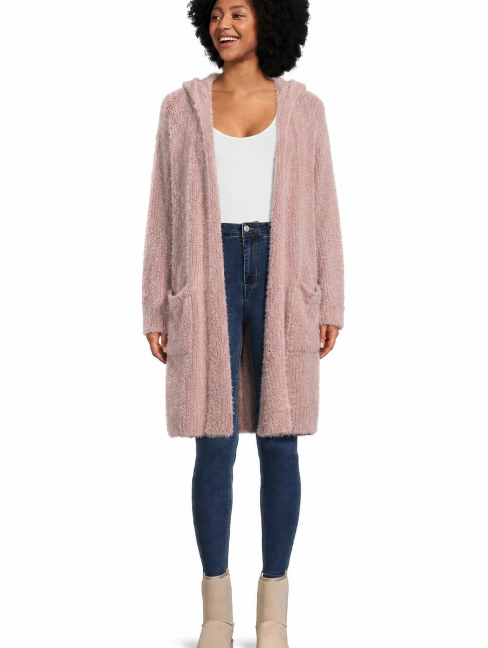 No Boundaries Pink Eyelash Knit Hooded Duster Cardigan Open Front Women's 3XL
